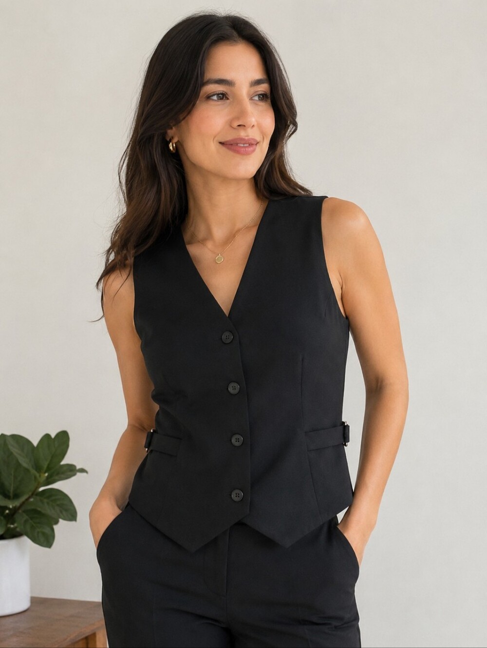 Worthington Petite PM Black Stretch Button Front Dress Vest Sleeveless Adjustabl